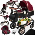 Produktbild: KESSER® Loops 4 in 1 Kinderwagen Kombikinderwagen Komplett-Set inkl. Babywanne & Buggy Sportsitz & Auto-Babyschale Voll-Gummireifen Wickeltasche Regenschutz Kindertisch ECE R129, Rot/Champagne