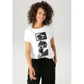Produktbild: T-Shirt ANISTON CASUAL, Damen, Gr. 36/38, weiß, schwarz, Single Jersey, Obermaterial: 100% Baumwolle, bedruckt, figurumspielend hüftlang, Rundhals, Shirts T-Shirt, mit Samt verziertem, extravaganten Frontdruck