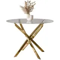 Produktbild: ESSTISCH BEIRA Runder Tisch 90 cm mit Glasplatte und Gold Tischbeine