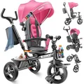 Produktbild: KIDIZ® Dreirad 6in1 Kinderdreirad mit Schubstange Lenkbar ab 9 Monaten bis 25Kg Jogger vorwärts & Rückwärtsfahrt, Korb Tasche Getränkehalter Sonnendach Gummiräder Buggy Fahrrad Baby Klappbar Rosa
