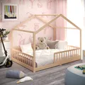 Produktbild: CADANI Malte Hausbett 140x200 cm Bodenbett, Rausfallschutz abnehmbar, bis 200 kg belastbar, Montessori Kinderbett natur, Kiefer Massivholz