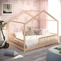 Produktbild: CADANI Malte Hausbett 140x200 cm Bodenbett, Rausfallschutz abnehmbar, bis 200 kg belastbar, Roll-Lattenrost, Montessori Kinderbett Kiefer Massivholz, 2 in 1 umbaubar, Naturholz
