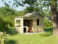 Produktbild: Prestige Garden Spielhaus Mailand | 259 x 194 x 177 cm | KDI Kiefernholz | Mit Anbau, Sitzbank & 4 Fenstern | Kinder Outdoor Spielhaus