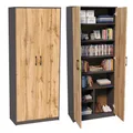 Produktbild: Mehrzweckschrank mit 8 Fächern Besenschrank Haushaltsschrank in mattem Finish mit 6 Einlegeböden und 2 Türen, 74 cm breit aus Laminatplatte und hochwertigen Polymergriffen graphit Eiche