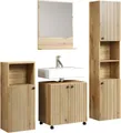 Produktbild: welltime Badmöbel-Set Amrum Waschbeckenunterschrank Spiegel Hochschrank Badschrank, (Komplett-Set, 4-St), 4-teiliges Badmöbel-Set Eiche Rillenoptik - Maße (B/T/H) 160/42/186 cm
