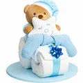 Produktbild: Windeltorte Junge in Blau – Motorrad mit Kuscheltier, Geschenk zur Geburt & Taufe – Handgefertigte Baby Windeltorte mit Windeln, Mullwindel & Glückwunschkarte