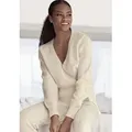 Produktbild: Wickelstrickjacke LASCANA, Damen, Gr. 44/46, beige (creme), Strick, Obermaterial: 52% Polyester, 44% Polyacryl, 4% Elasthan, meliert, unifarben, sehr bequem hüftlang, Rippbündchen, Strickjacken, mit breitem Rippbündchen, Loungewear