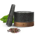 Produktbild: ECENCE Mörser mit Stößel aus hochwertigem Naturgranit und edlem Akazienholz-Sockel Ø11cm - Massiver Steinmörser für Kräuter & Gewürze - Mortar and Pestle