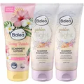 Produktbild: Balea 3er-Set Schimmerlotion: Körperlotion Bloomy Paradise sommerlich-exotischer Duft, Hibiskus-Extrakt, goldener Glow, 200 ml + Lotion Golden Light Körperlotion mit Goldschimmer, 2 x 200 ml (600 ml)