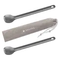 Produktbild: Navaris 2in1 Titan Camping Besteck lang 2er Set - 2X extra Langer Outdoor Göffel Spork - Löffel Gabel inkl. Tasche - Essbesteck Kombi - Reisebesteck