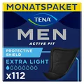 Produktbild: TENA MEN Protective Shield Extra Light - 112 Einlagen im Monatspaket (8 x 14), einzeln verpackt - extra dünne Hygieneeinlagen für Männer bei sehr leichtem Harnverlust - Schwarz
