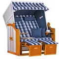 Produktbild: MR. DEKO® Strandkorb Ostsee Volllieger 2-Sitzer | PE Geflecht Weiß Bezug Uni blau | inkl. 4 Kissen & Klapptisch | Strandstuhl verstellbar | Strandkörbe aus Hartholz mit Fußablage (Dessin Karo Blau)