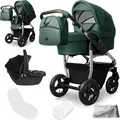 Produktbild: Bergsteiger Capri Kombikinderwagen 3-in-1 – Babywanne, Sportsitz & i-Size Babyschale, Luftreifen, Federung, höhenverstellbarer Griff, faltbar, Z... - Grün/Silber