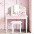 Produktbild: Costway - Kinder 2 in 1 Schminktisch Set, Frisiertisch mit dreifach klappbarem Spiegel & Schublade, Kosmetiktisch mit Schminkhocker, Schminkkommode