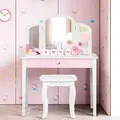Produktbild: Costway - Kinder 2 In 1 Schminktisch Set, Frisiertisch Mit Dreifach Klappbarem Spiegel & Schublade, Kosmetiktisch Mit Schminkhocker, Schminkkommode Weiss