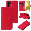 Produktbild: LBH Handy Hülle für Samsung Galaxy S22 Case Handytasche Schmetterling Blumen Flower Standfunktion Schutzhülle Magnet Rundum Schutz 360 Grad Flipcase Cover Rot