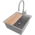 Produktbild: PRIMAGRAN Granitspüle Grau 43x50cm, Spülbecken 1 Becken + Küchenarmatur 38x14cm + Ablauf-Set + Schneidebrett, Küchenspüle ab 45er Unterschrank... - Grau