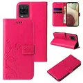 Produktbild: LBH Handy Hülle für Samsung Galaxy A12 Case Handytasche Schmetterling Blumen Flower Standfunktion Schutzhülle Magnet Rundum Schutz 360 Grad Flipcase Cover Pink