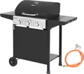 Produktbild: Royal Gourmet Gasgrill Grillwagen 3 Brenner 9 kW Camping Gaskocher mit Kochplatte, Gartengrill mit Flaschenöffner, Druckminderer und Gasschlauch Grillrost ca. 60 x 42 cm Schwarz