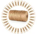 Produktbild: ABSOFINE Garten Kordel mit 100 Wäscheklammern Holz 3,5cm Bastelschnur Jute Kordel 100M Natur Juteschnur Clothespins Verpackung Gastgeschenk