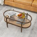 Produktbild: COSTWAY Couchtisch, Kaffeetisch mit Holzrahmen, Beistelltisch mit Glas Tischplatte & Rattan Ablage, Sofatisch, Wohnzimmertisch, 102x56x47 cm