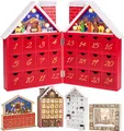 Produktbild: Brubaker Wiederverwendbarer Adventskalender aus Holz zum Befüllen - Rotes Weihnachtshaus mit Krippenspiel und LED-Beleuchtung - DIY Weihnachtskalender 21 x 9 x 30 cm