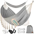 Produktbild: KESSER® Hängematte 320x150 cm belastbar bis 300 kg, wetterfeste & atmungsaktive Tuchhängematte mit Fransen für 1-2 Personen – Ideal für Camping, Garten & Outdoor, inkl. Beutel, Seile & Gurte, Grau