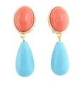 Produktbild: Leichte sehr große Ohr-Clips vergoldet Stein korall-rot Anhänger türkis hell-blau tropfen-förmig Designer JUSTWIN Statement Hingucker bunt Fest