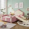 Produktbild: Flieks Kinderbett 90x200cm mit Rutsche und Treppe, Bodenbett Prinzessinbett mit Kronenförmigem Kopfteil, Polsterbett mit Rausfallschutz, PU, Rosa - Rosa