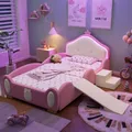 Produktbild: Flieks Kinderbett 90x200cm mit Rutsche und Treppe, Bodenbett Prinzessinbett mit Kronenförmigem Kopfteil, Polsterbett mit Rausfallschutz, PU, Rosa