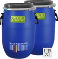Produktbild: plasteo® 2 Stück 30 Liter Deckelfass Weithalsfass Lagerfass Transportfass Kunststofffass Futtertonne Weithalstonne inkl. Lebensmittelzulassung