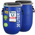 Produktbild: plasteo® 2 Stück 30 Liter Deckelfass lebensmittelecht FDA-Zulassung UN-Zulassung IKG Gütezeichen Kunststofffass Weithalsfass Universalfass Luftdicht verschließbar stapelbar
