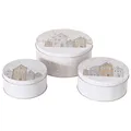 Produktbild: BOLTZE 3tlg Set Gebäckdosen Houses I Ø 13,5cm, 16cm & 20cm I Winterlandschaft mit Schneeflocken I runde Plätzchen-Dose, Vorratsdose, Metall-Box, Geschenkdosen I Weihnachts-Bäckerei, Advents-Kekse