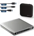 Produktbild: techPulse120 Externes UltraHD UHD 4k 3D M-DISC BDXL HDR10 100GB USB 3.0 & USB-C Laufwerk Bluray Brenner Burner Superdrive UltraSlim BD DVD CD Ultra Paket Tasche 90cm Anschlusskabel Aluminium Silber