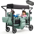 Produktbild: Sekey Bollerwagen Kinder Zwillingsmodus, Bollerwagen Faltbar mit Dach 2 Kinder, Duo Schiebegriff Kinderwagen Doppelsitz mit 2 integrierten 5-Punkt-Gurtsystem, Zwillingskinderwagen (Grün, Premium)