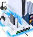 Produktbild: OIVO PS5/PS5 Slim/PS5 Pro Ständer mit 3 stufig Lüfter und Licht, PS5 Standfuß mit 4 USB Ports/Controller Ladestation/Headset Halter/Remote Steckplatz/14 Spiele Aufbewahrung für PS5 Zubehör