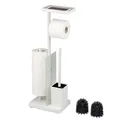 Produktbild: eluno Stand-WC-Garnitur 4in1, freistehende Toilettengarnitur inklusive WC-Bürste, 2 Ersatzbürstenköpfe, (Ersatz-) Rollenhalter für 3 Rollen, Ablage, satiniertes Glas und Metall (Weiß)