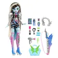 Produktbild: Monster High Rockstar Frankie Stein - Puppe mit Metallic-Puffärmeln, Kunstleder-Shorts und drapiertem Kettengeschirr, inklusive Zubehör für Rocker-Glam-Haarstyling, HNF84