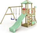 Produktbild: WICKEY Spielturm Klettergerüst Smart Savana mit Schaukel & Rutsche, Spielhaus mit Kletterleiter & Spiel-Zubehör – pastellgrün