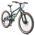 Produktbild: BIKESTAR Alu Kinder Jugend Mountainbike Vollgefedert, 21 Gang Shimano, 24 Zoll ab 9 - 10 Jahre | Fully MTB Scheibenbremse | Grün - Grün