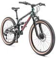 Produktbild: BIKESTAR Kinder Fahrrad Aluminium Fully Mountainbike 21 Gang Shimano, Scheibenbremse ab 9-14 Jahre | 24 Zoll Kinderrad Vollgefedert MTB | Grün