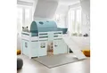 Produktbild: Homestyle4u Hochbett 90x200 Stockbett Vorhang Kinderbett Holz Kiefer Weiß Grün Mint Kinder (Set, mit Lattenrost, Rutsche und Tunnel) mit Rausfallschutz, Junge