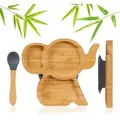 Produktbild: Relaxdays - Kinderteller Bambus, Saugnapf, BPA-frei, rutschfest, unterteilter Babyteller, Bambusteller Elefant, natur/grau