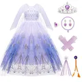 Produktbild: Kitimi Elsa Kleid Prinzessin Kleid Mädchen mit Krone Zauberstab Halsketten, Eiskönigin Elsa Kostüm Mädchen Abendkleid Lang Prinzessin Kostüm Dress für Weihnachten Cosplay Karneval Geburtstag Party
