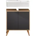 Produktbild: Fackelmann Finn Badmöbel Set 3 Teile / Waschbecken / Waschbeckenunterschrank / 4 Holzfüße / Badschrank Mit Push-to-open / Korpus & Front: Schwarz / Rahmendekor & Füße: Braun Hell / Breite: 60 Cm