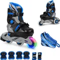 Produktbild: Kinder Inliner Set mit Protektoren verstellbar zum Rollschuh mit LED blau, Größe: M (34-37)