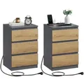 Produktbild: VASAGLE Nachttisch, 2er Set, Beistelltisch, 3 Schubladen, abgeschrägte Kante, 2 AC-Steckdosen, 2 USB-Anschlüsse - Grau