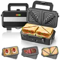 Produktbild: Sandwichmaker 3 IN 1, 1200W & 5-Gang-Temperaturregelung Waffeleisen, Sandwichtoaster, Kontaktgrill mit 3 Antihaftplatten für Sandwich, Waffeln, Fleisch, LED-Leuchten, Cool-Touch-Griff