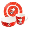 Produktbild: United Labels The Peanuts 3-teiliges Frühstücksset Snoopy, Rot mit Punkten, Geschirr Set aus Porzellan mit Teller Ø 19 cm, Tasse 220 ml und Schale 330 ml