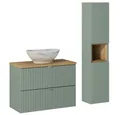 Produktbild: Lomadox Badmöbel-Set NEWPORT-56-GREEN, (Spar-Set, 2-St., Waschtisch Hochschrank), Hochschrank und 80cm Waschtisch mit Waschbecken, Schilfgrün mit Eiche
